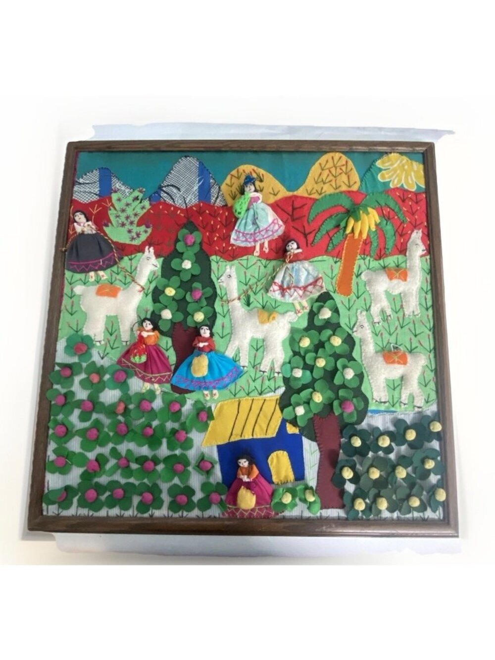 Peruvian Arpillera Textile Folk Art Framed 3D Embroidered Applique Wall Hanging